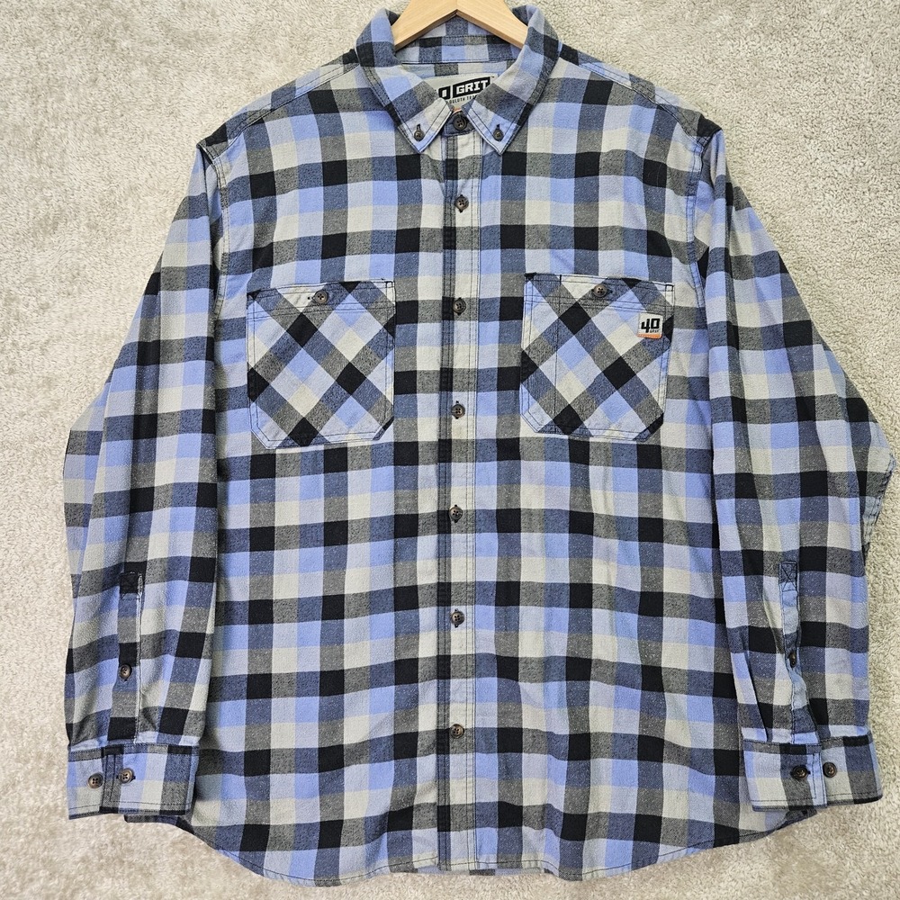 Duluth Trading 40 Grit 2XL Blue Gray‎ Plaid Flannel Shirt Workwear Button Down